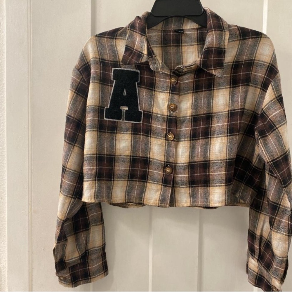 Plaid cardigan with initial A